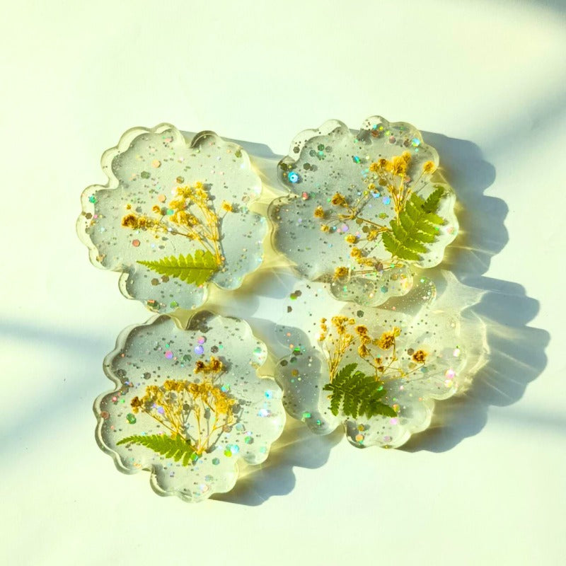 Golden Fern Mini Coasters – Botanical Sparkle Set (4 pcs)