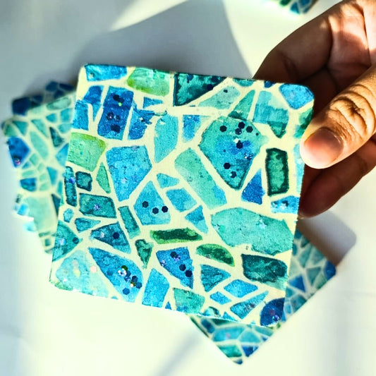 Azure Mosaic Coaster Set – Handcrafted Tile Art (6 pcs)