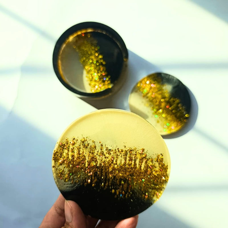 Noir Luxe Coaster Set with Holder – Black & Gold Radiance