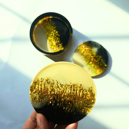 Noir Luxe Coaster Set with Holder – Black & Gold Radiance