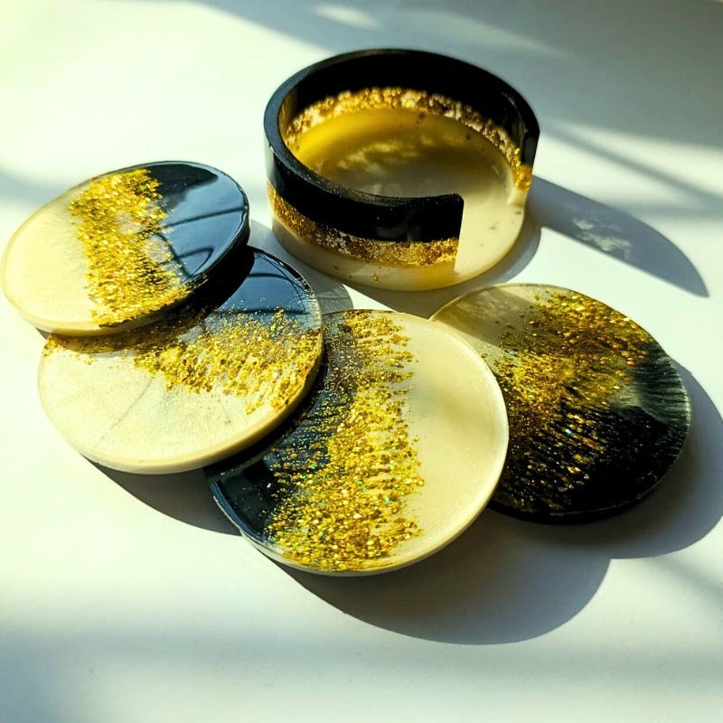 Noir Luxe Coaster Set with Holder – Black & Gold Radiance